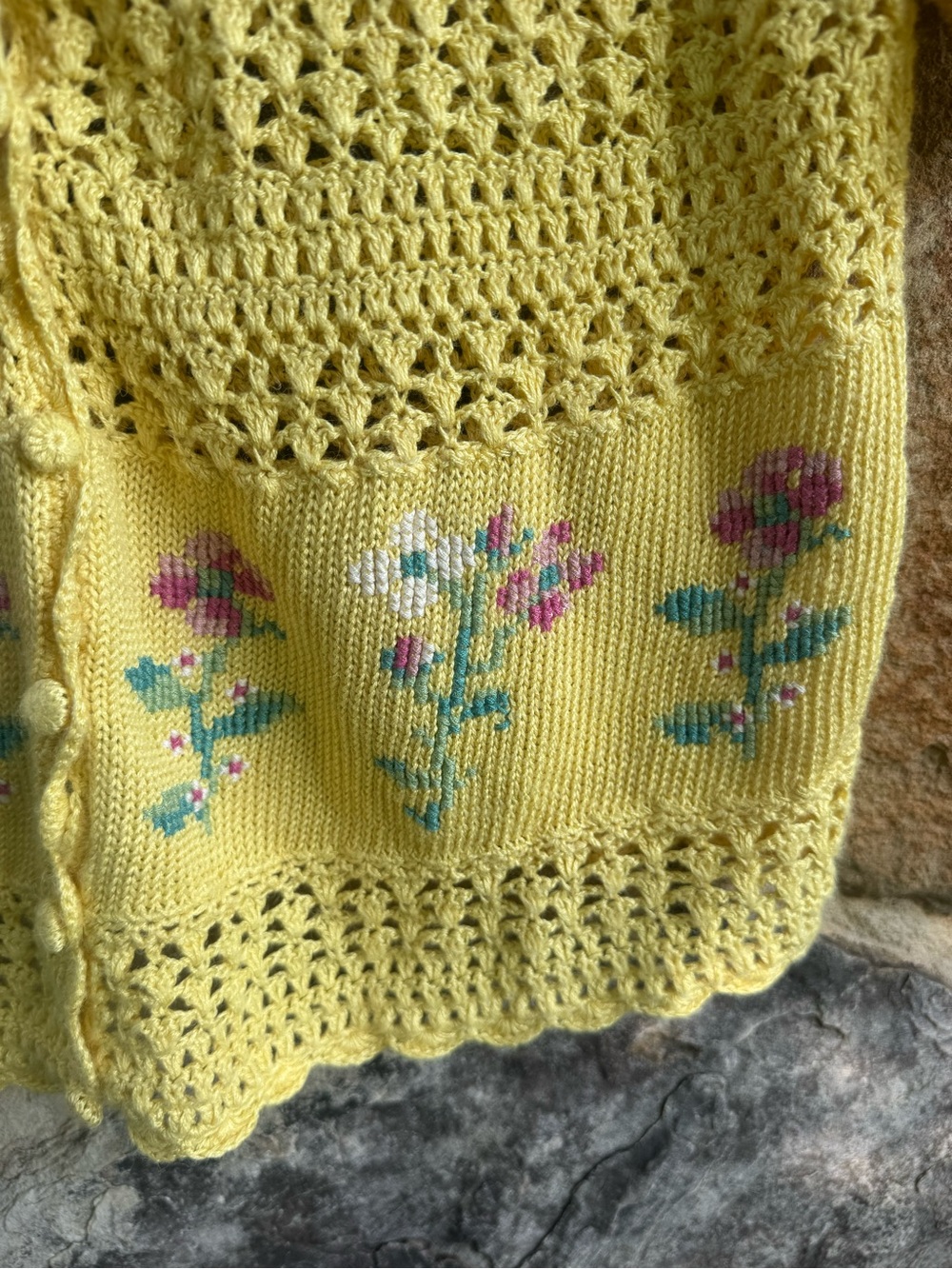 Vintage Yellow Crochet Knit Button-Front Short Sleeve Cardigan M Cross Stitch - Picture 3 of 15